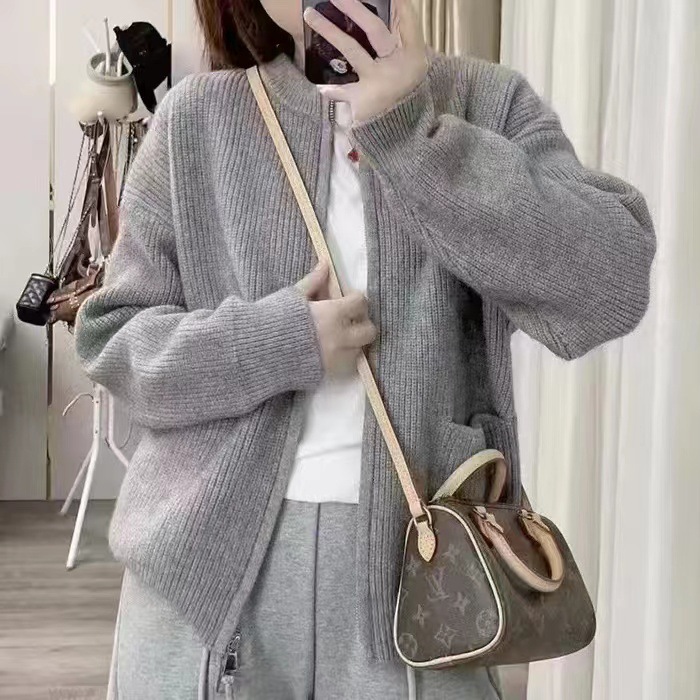 2024秋冬季新款慵懒风感竖坑条双头拉链圆领开衫复古毛衣外套