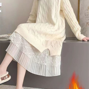 配大衣秋冬新款毛衣裙女中长款过膝宽松加绒加厚打底衫内搭连衣裙