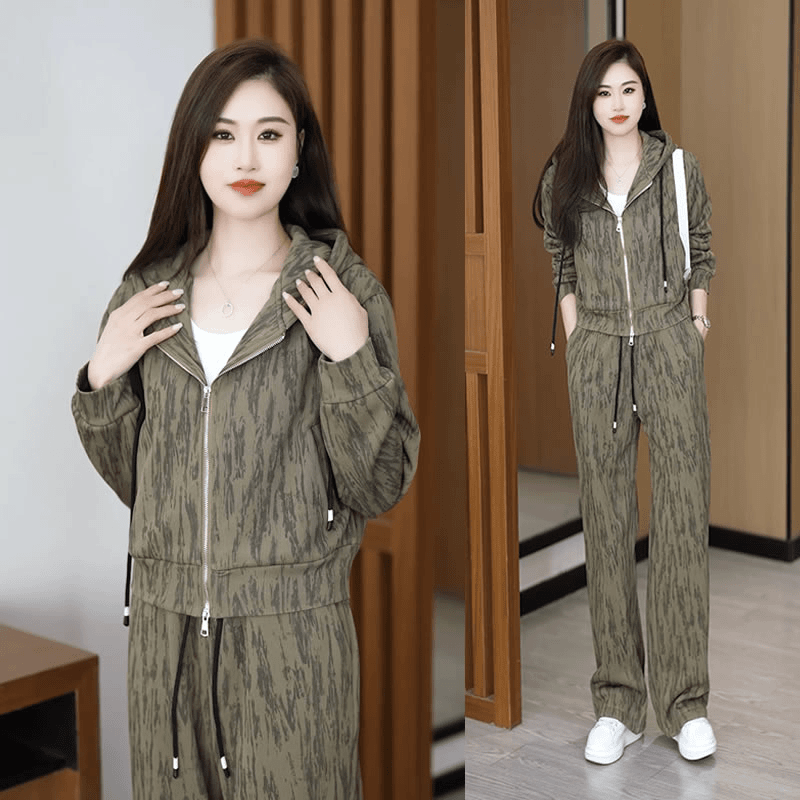 加绒加厚时尚休闲套装女士2025秋冬新款洋气显瘦连帽阔腿裤两件套
