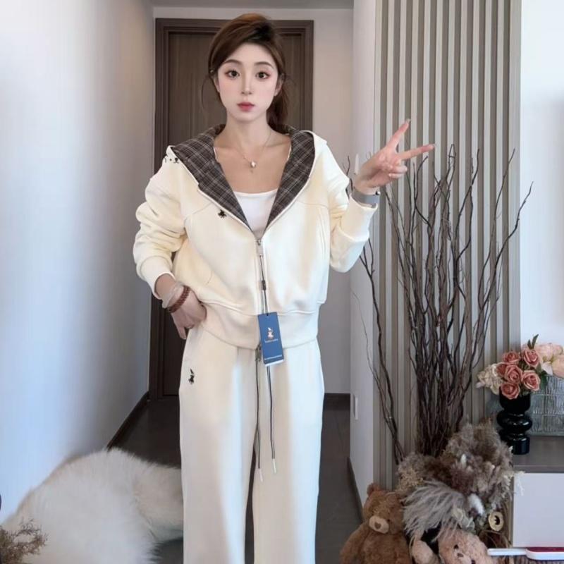 欧洲站高级感时尚休闲运动套装女春秋冬新款白色连帽卫衣两件套