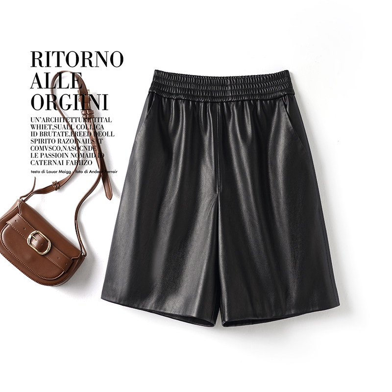 海宁真皮裤女短款2025秋冬新款绵羊皮五分裤高腰韩版松紧阔腿中裤,女装/女士精品,休闲裤,淘宝优惠券,粉丝福利购,淘宝优惠卷