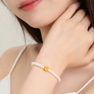 新款小桃花黄金珍珠手链淡水珠女3D硬金樱花朵手串送女友生日礼物