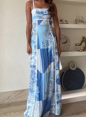Slips printed holiday loose dress 性感吊带印花度假宽松连衣裙