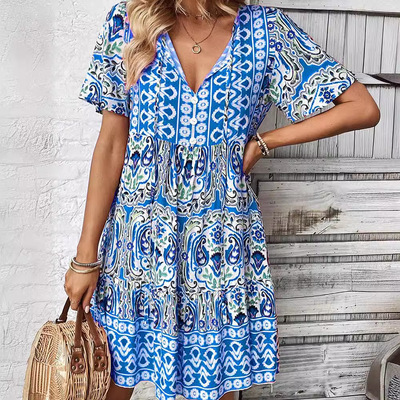 Summer New Arrival V-Neck Loose Bohemian Print Midi Dress 裙