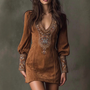 长袖v领性感刺绣民族风连衣裙 embroidered ethnic style dress