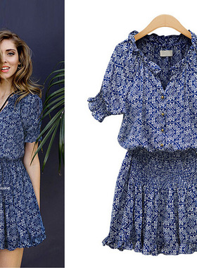 Summer short skirt printed casual V-neck dress 百搭V领短裙