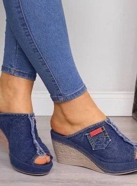 Ladies Wedge Sandals Women Open-Toe Shoes Jeans 大码凉拖女鞋