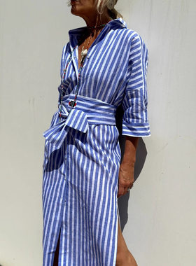 五分袖条纹开衫翻领衬衫连衣裙中长款 Five sleeve shirt dress