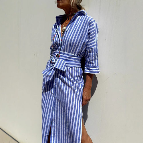五分袖条纹开衫翻领衬衫连衣裙中长款 Five sleeve shirt dress