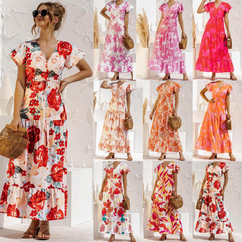 Short sleeve v-neck floral print dress dress with buttons 裙