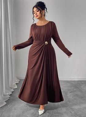 Autumn Plus Size Women Long Dress 大码女装收腰设计褶皱长裙