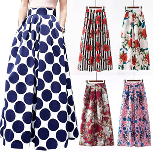 Skirt Contrast Maxi White Print Women Dot 复古半身裙 Polka