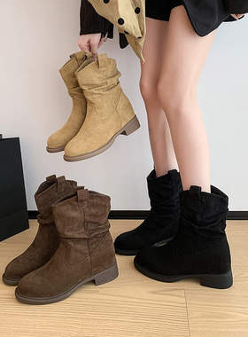 春秋废土风粗跟内增高堆堆靴短靴 Western cowboy women's boots