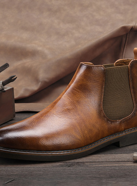 男士切尔西靴复古鞋Men Chelsea Boots Waterproof Leather Shoes