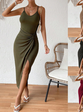 收腰包臀开叉性感露背吊带气质连衣裙 Split sexy backless dress