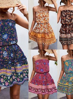 碎花打揽抹胸系带连衣裙Bohemian floral ragtag strapless dress