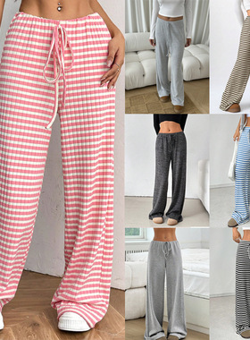 条纹橡筋拉绳棉质女装直筒裤 Drawstring cotton women's pants