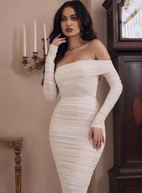 Long a word shoulder fold dress sexy slender party dress