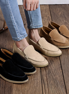 Flip fur one foot sandblasted flat soled shoes 平底套脚男鞋