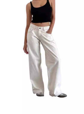 复古低腰无弹水洗直筒阔腿牛仔裤 Low waisted non elastic jeans