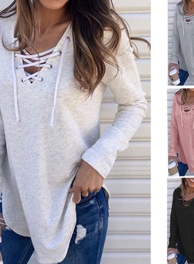 Summer Pure color bind v-neck blouse T-shirt 纯色V领绑带上衣