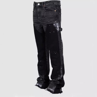 pants with elastic Men layered work patch flared denim