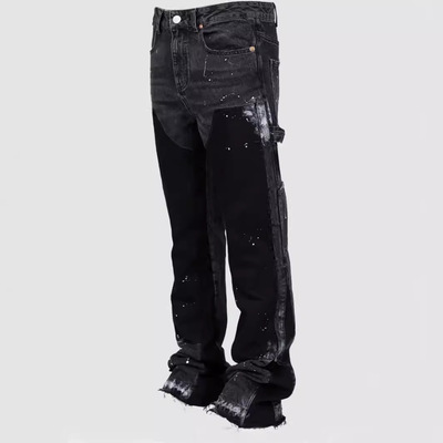 Men denim work pants with elastic patch layered flared pants