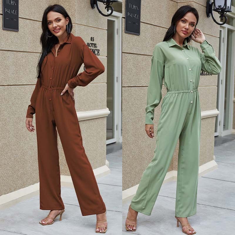 纯色休闲衬衫式翻领连体裤Shirt type contracted work jumpsuits