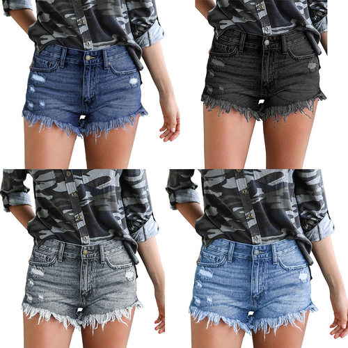 热辣破洞脚口开叉流苏脚边短裤牛仔裤 Women Hot shorts jeans