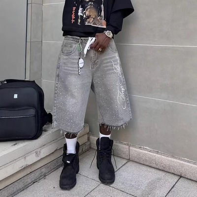 男女款美式复古水洗牛仔短裤直筒七分裤 Men women cropped pants