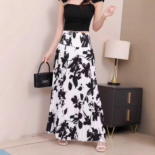 高腰印花压褶修身长裙半身裙High waisted printed pleated skirt