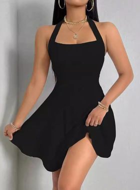 性感挂脖露背无袖连衣裙 Sexy neck hanging backless dress