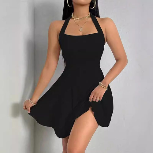 性感挂脖露背无袖连衣裙 Sexy neck hanging backless dress