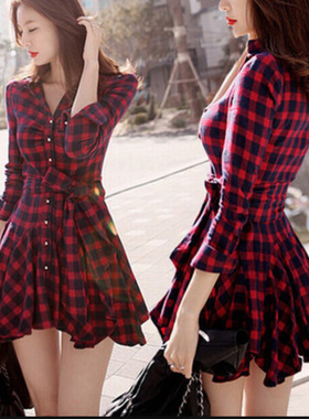 Summer Dress 2016 Retro Women Red Plaid Shirt Casual Dresses