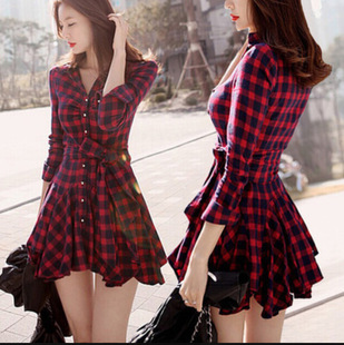 Retro Women Casual Dress Dresses Shirt 2016 Plaid Summer Red
