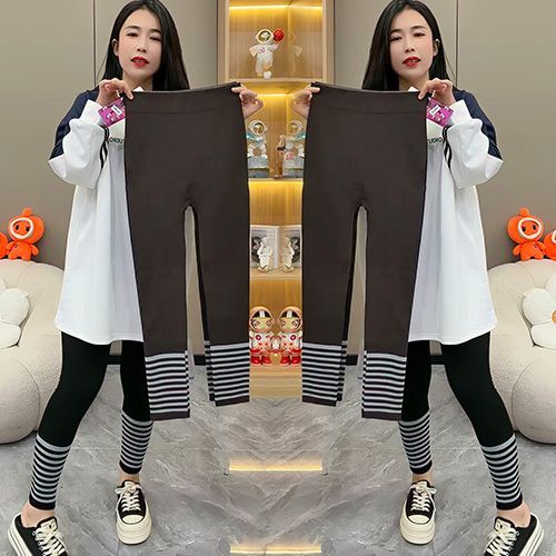 大码黑白条纹打底裤女秋季可外穿高弹力螺纹显瘦九分裤百搭保暖裤