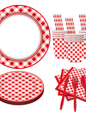 Red Check Party Supplies Tableware Set红色小方格节日装扮用品