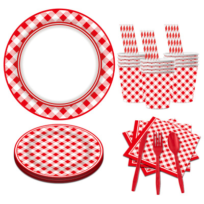 Red Check Party Supplies Tableware Set红色小方格节日装扮用品