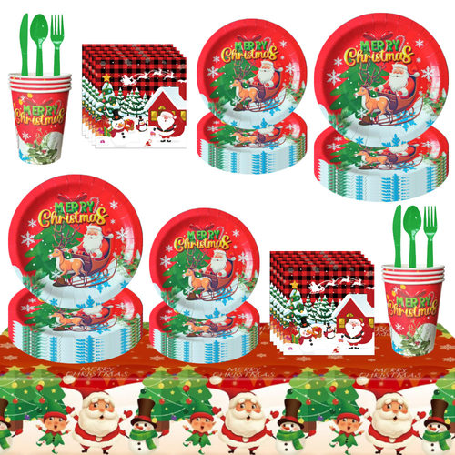 Christmas Party Supplies Tableware Set圣诞节派对纸盘纸杯桌布