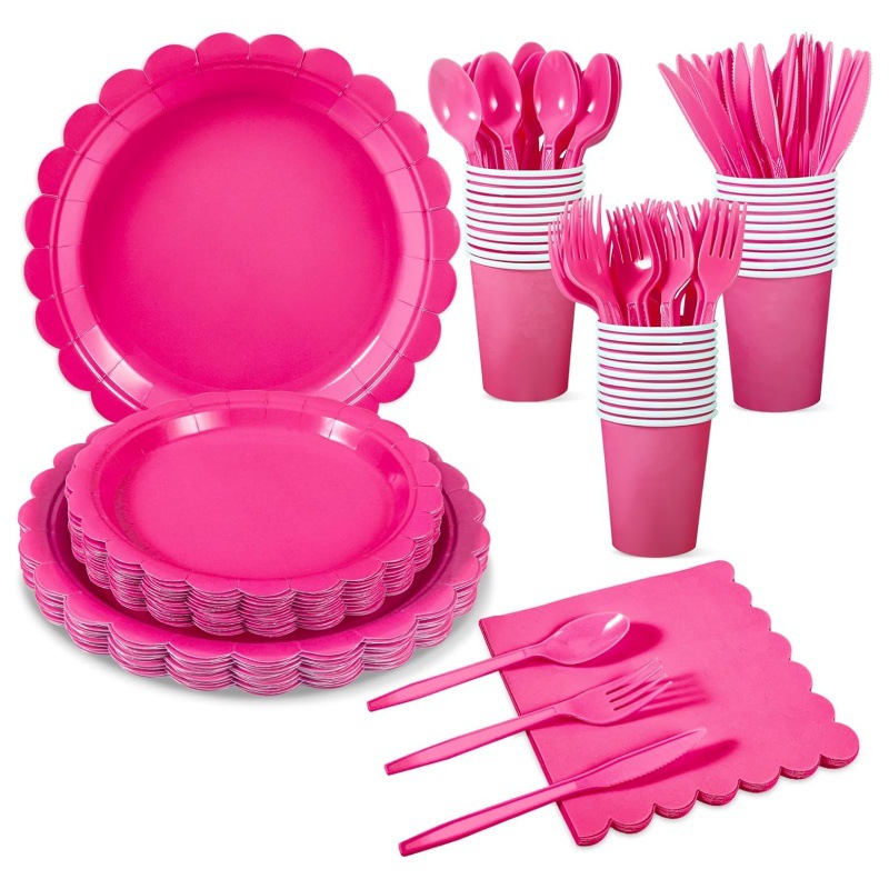 玫红色派对一次性餐具 Rose Color Party Supplies Paper Plates