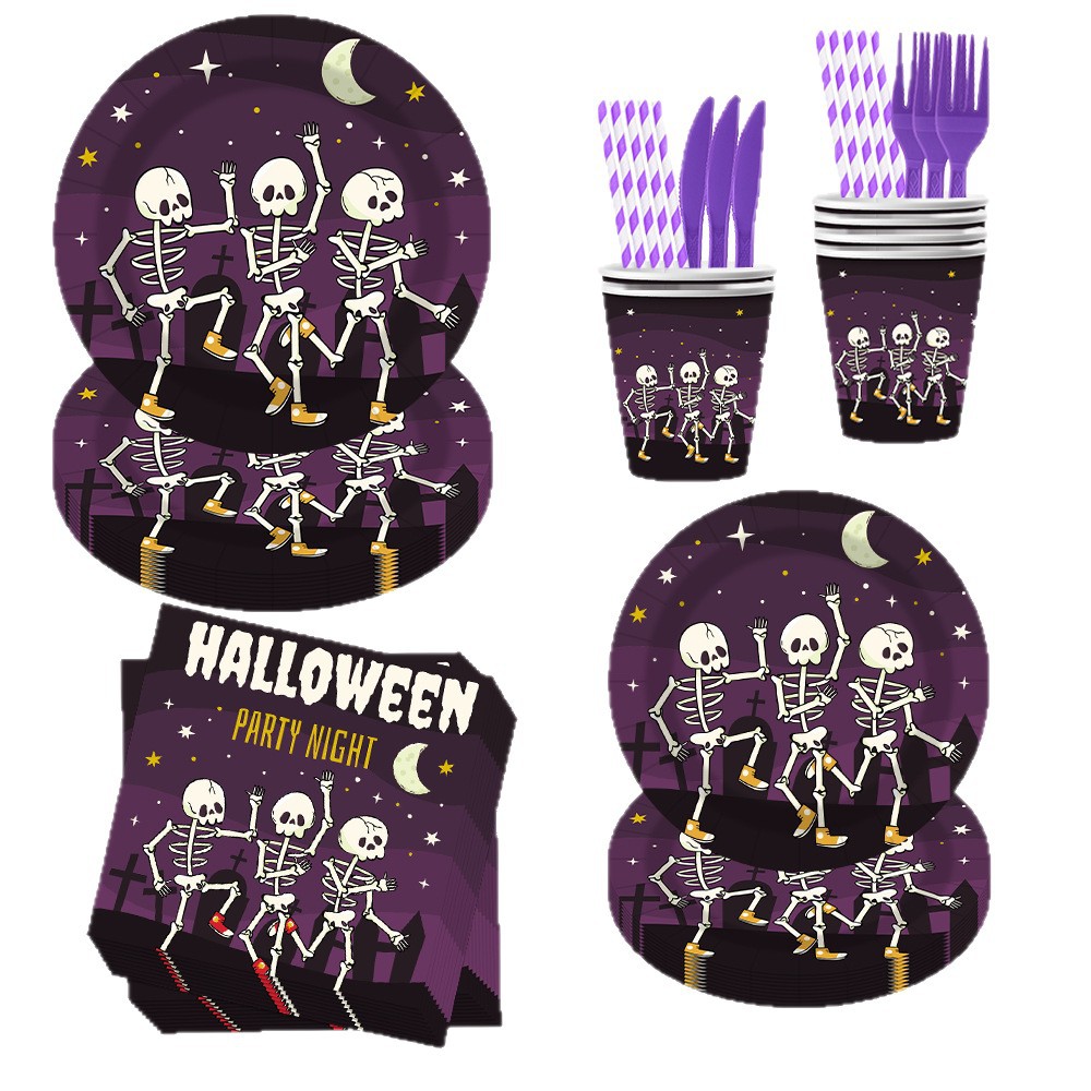 Halloween Party Supplies Tableware万圣节派对布置骷髅纸杯纸盘