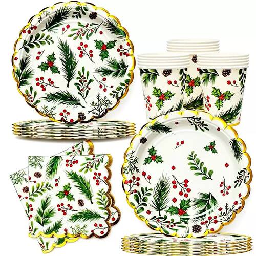 圣诞节花边纸盘Gold Rim Scalloped Paper Plates for Xmas Party