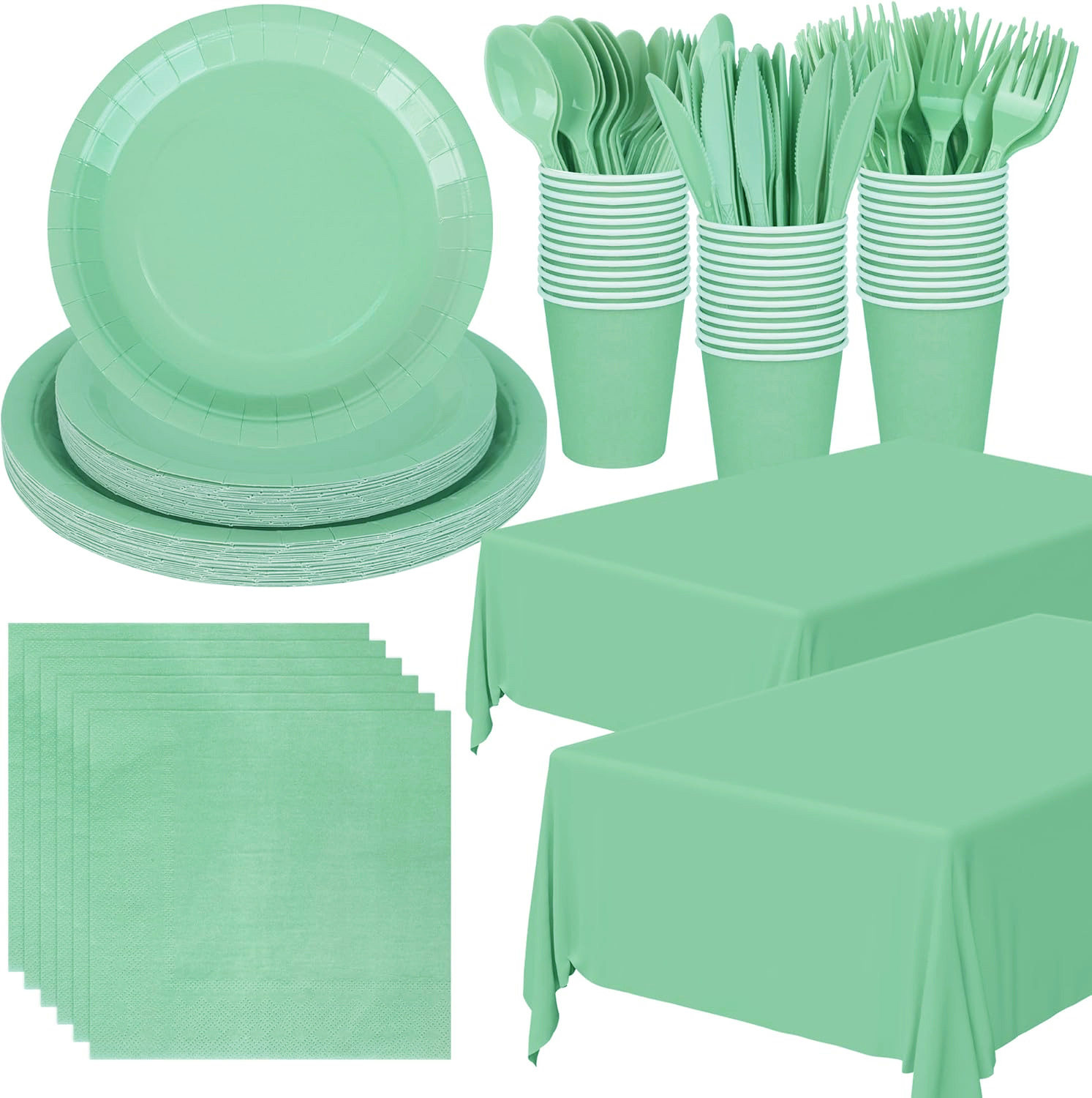 纯色绿色派对用品纸盘纸巾桌布Solid Color Green Party Supplies