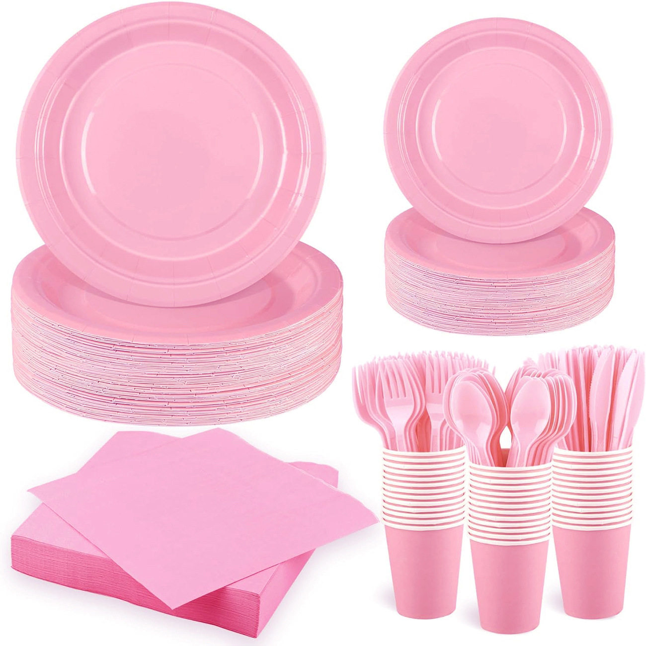 纯色粉色派对用品纸盘纸杯桌布 Solid Color Pink Party Supplies