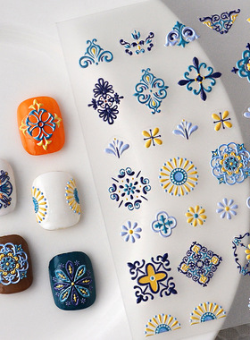 Bohemian 5D Nail Art Stickers Blue Decal波西米亚浮雕美甲贴纸