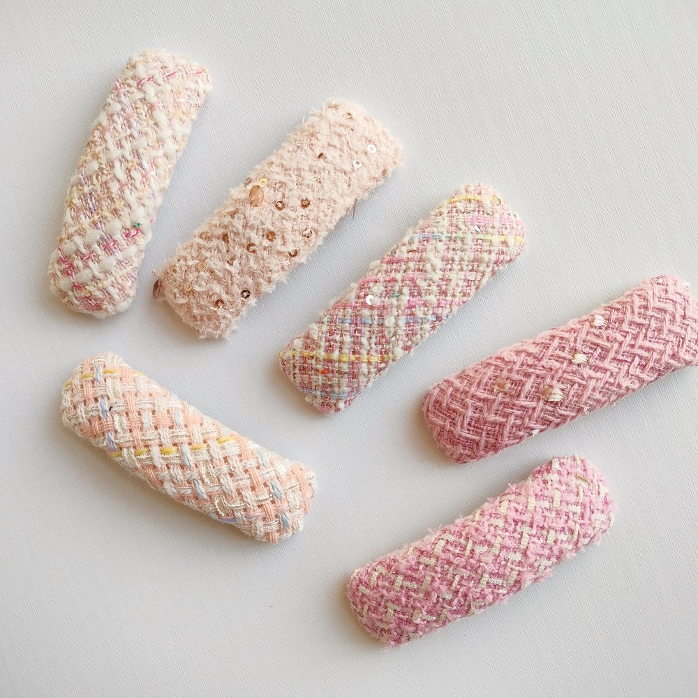 小香风侧边发夹粉色粗花呢发夹bb夹高级感刘海夹women hair clips