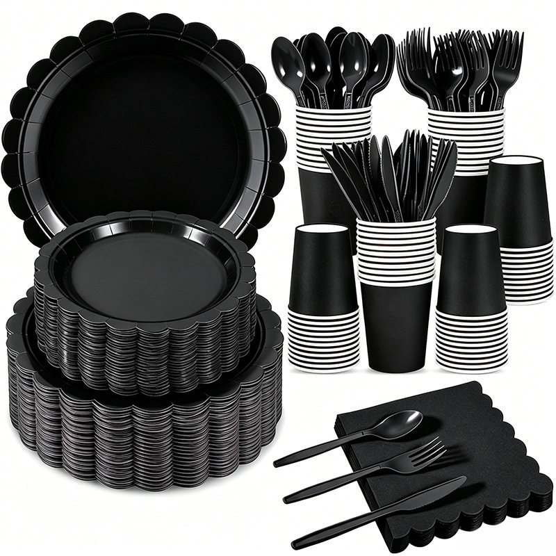 黑色派对用品一次性纸盘 Black Disposable Party Tableware Set