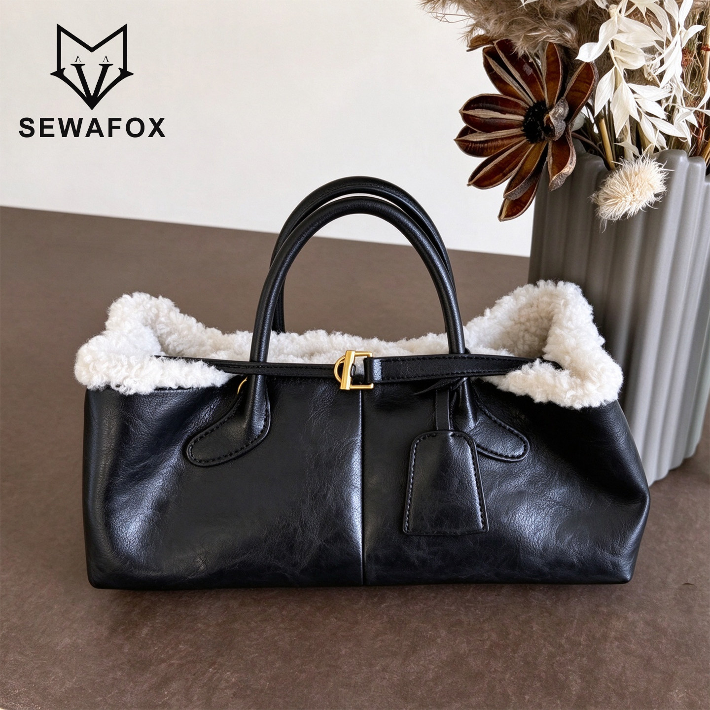 SEWAFOX复古油蜡皮羊羔毛手提包