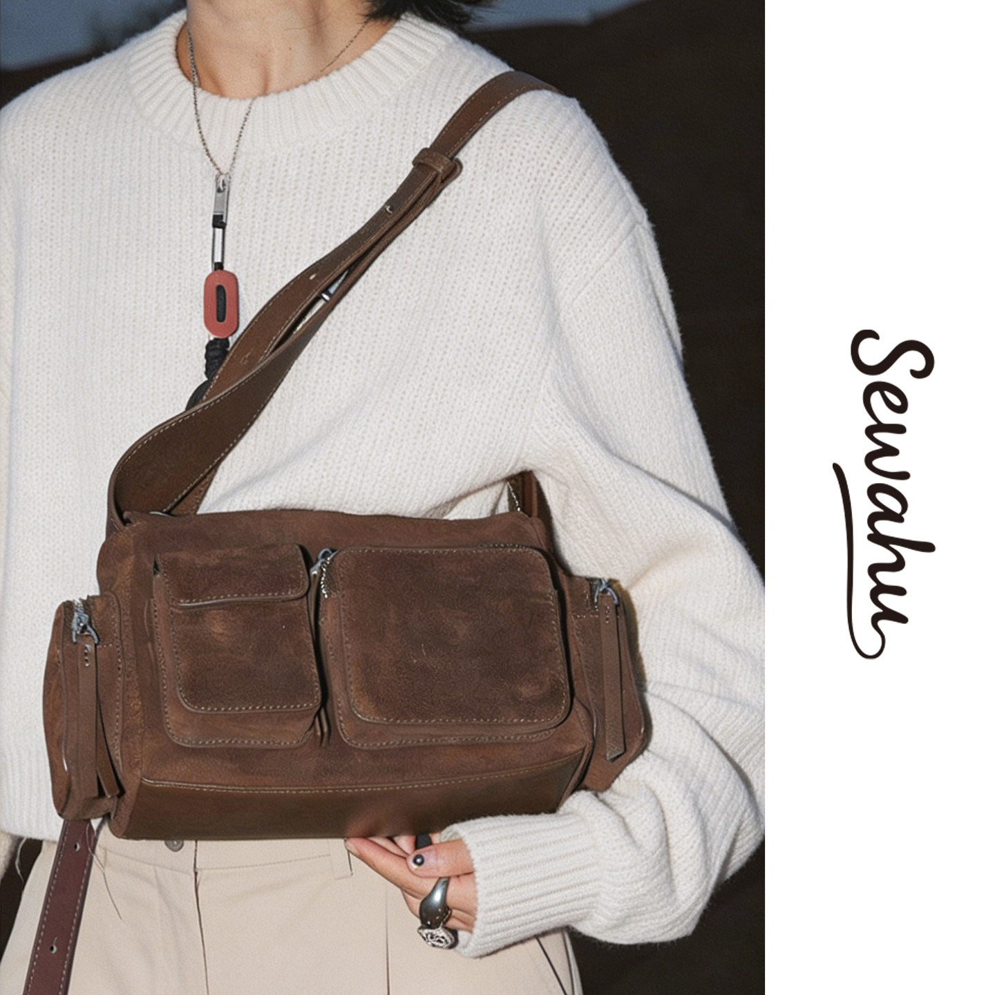 美式复古麂皮机车包2025秋冬新款小众设计多口袋单肩斜挎包相机包