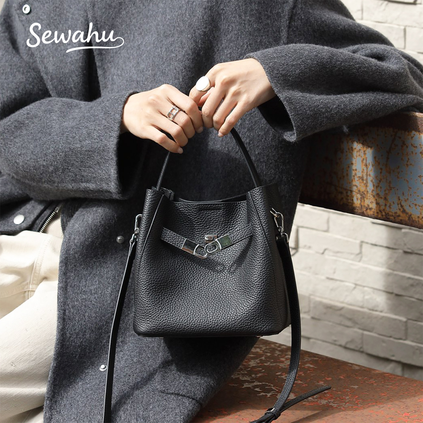 简约荔枝纹真皮凯莉包秋冬轻奢小众高级感手提包女通勤单肩斜挎包